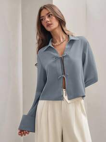 COSMINA Women's Plain Khaki Front Tie Long Sleeve Minimalist Business Casual Work Shirt, Casual Daily Wear FAll - Baby Blue - View 6
