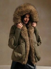 Anewsta Short Thick Hooded Jacket With Extra Large Furry Collar And Ribbed Cuffs