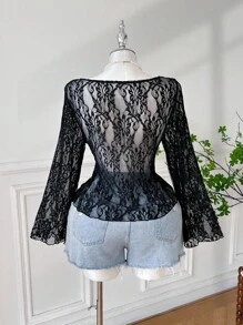 Comfortcana Plus Size Elegant Sexy Sheer Lace Bell Sleeve T-Shirt,Autumn/Winter,Fall Clothes For Women,Country - Black - View 2