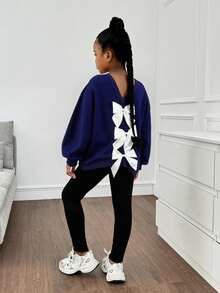 SHEIN Sweatshirt Pullover Longgar Bahu Jatuh dengan Kerah V Kontras Warna Kontras untuk Anak Perempuan Remaja, Kembali ke Sekolah dengan Pita, untuk Musim Gugur/Dingin - Royal Blue - View 8