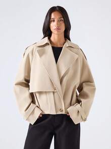 LYSMO Áo khoác trench coat cài nút màu trơn thường ngày cho nữ, mùa thu - Màu Khaki - Xem 6