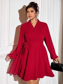 Cravure Christmas Plus Size Women Solid Color Wrap Long Sleeve Blazer Collar Dress Fall Cloth For Women - Burgundy - View 8