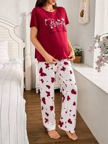 Moonlight&Mama 2件套孕妇休闲字母蝴蝶印花哺乳短袖上衣和裤子睡衣套装 - 紅色 - 查看 7