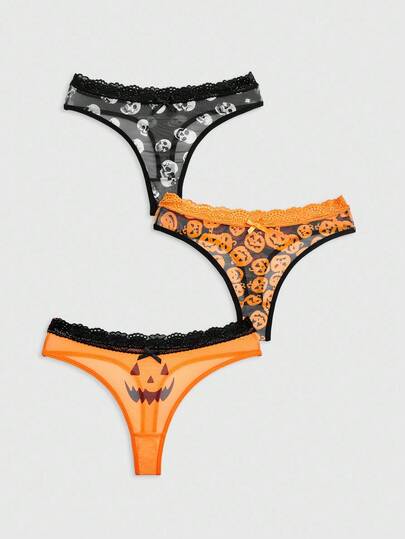 ROMWE Avant 3pcs/Set Dark Kawaii Halloween Lace Patchwork Bowknot Crotchless Panties, Fashionable & Funny, Suitable For European And American Markets