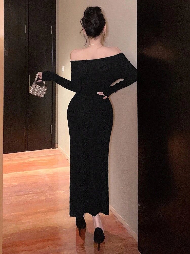 Women's Solid Color Off Shoulder Long Sleeve Fitted Waist Elegant Knit Sweater Dress, Autumn/Winter