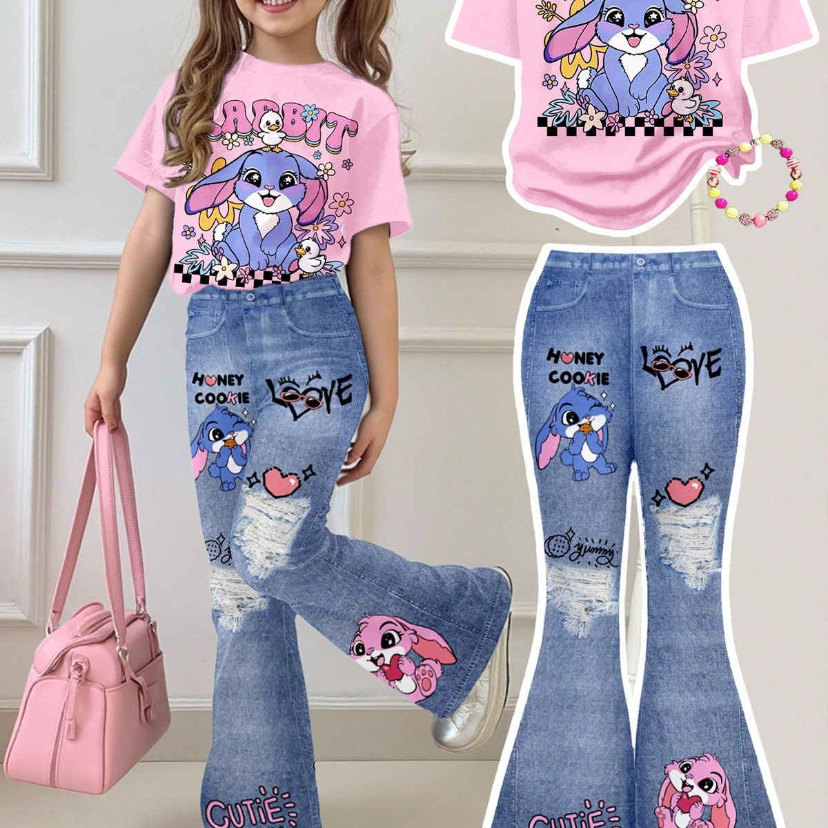 Set de 2 piezas: Blusa de manga corta de cuello redondo holgada con estampado de conejito azul lindo y dulce, flor de puntada, corazón, para niña pr