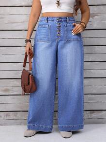 EMERY ROSE Plus Size Women High Waist Wide Leg Jeans With Buttons And Pockets Casual Street Patchwork Pocket Loose Wide Leg Jeans Women Jeans Baggy Loose Jeans,Fall Clothes For Women - Medium Wash - View 2