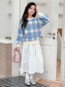Dazy Kids 女童格子圆领长袖毛衣，秋季 - 藍色 - 查看 2