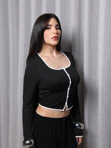 Steff Loaiza Women's Black & White Color Block Decorative Button Fitted T-Shirt, Elegant & Fashionable