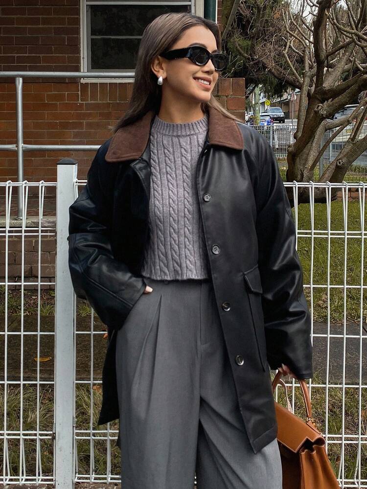 Women's Thick PU Jacket Coat, Loose Casual Lightweight Outdoor Street Style, Large Pockets, Color Block, Turndown Collar, Waist Tie, Autumn/Winter Leather Jacket
