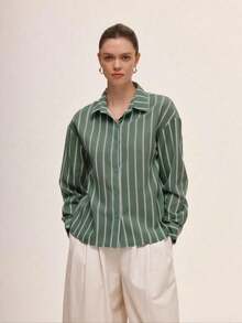 Chiquease 女士长袖条纹单排扣衬衫，舒适通勤和休闲日常穿着，春夏条纹纽扣衬衫女士绿色衬衫阔腿裤棉质衬衫女士绿色条纹衬衫女士 - 綠色 - 查看 7