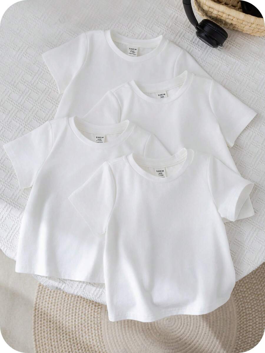 SHEIN Set de 4 piezas de camisetas de manga corta de cuello redondo de punto suave de unicolor unisex para niño bebé - Blanco - Ver 1