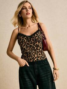 Poéselle 女士豹纹蕾丝边吊带背心，缎面细肩带动物纹印花，万圣节服装，豹纹上衣，蕾丝吊带背心，缎面吊带衫，动物纹印花，外出上衣，美学，Y2K时尚，女士撞色蕾丝豹纹宽松吊带衫，性感时尚，适合日常穿着、外出、约会、派对、通勤等各种场合，秋冬季 - 棕色 - 查看 6