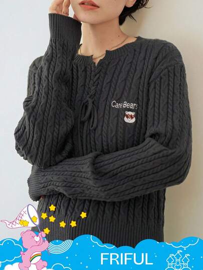 SHEIN X Care Bears FRIFUL 女士休闲日常通勤V领交叉领带卡通刺绣麻花针织毛衣