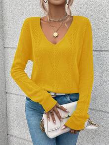 Breezaya V-Neck Backless Knit Sweater Fall Winter Cloth For Women Women Long Sleeve Tops Yellow Tops Yellow Top Women Yellow Sweater Off Shoulder Sweater