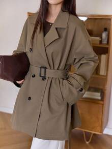 DAZY Women's Lapel Short Belted Loose Casual Trench Coat Jacket Fall/Winter - Khaki - View 5