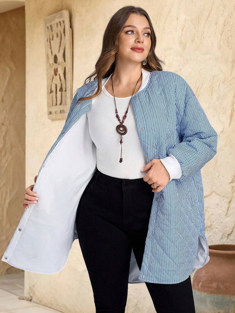 Cardigan matelassé à simple boutonnage avec poches, imprimé rayures, pour femmes grandes tailles. Manteau rembourré chaud pour l'automne et l'hiver, style campagne pour femmes, pour concert country, style campagne