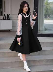 Tween Girl Mesh Contrast Long Sleeve Dress - Black - View 8