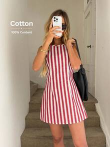 Easowa A-Linie rückenfreies ärmelloses Kleid, gewebter gestreifter Stoff, lässiges Urlaubselegantes Streetwear Minikleid für Frauen
