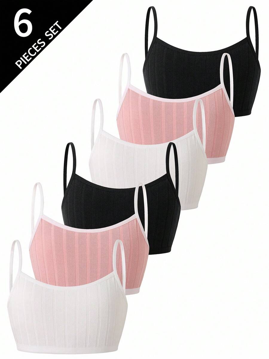 6件套纹理提花罗纹棉质吊带背心，适合青少年女孩秋冬季穿着