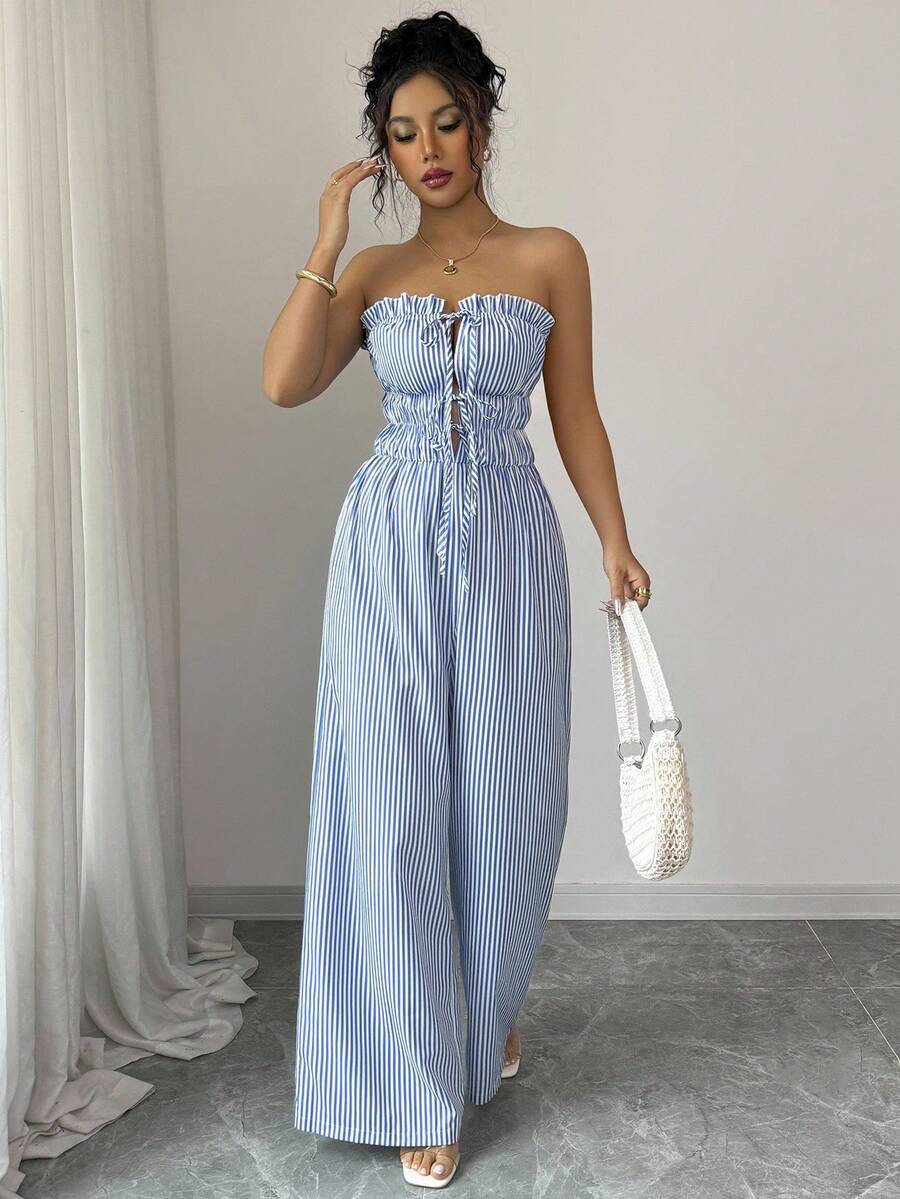 SHEIN PETITE Women's Ruffle Trim Striped Front Tie Wide Leg Loose Jumpsuit