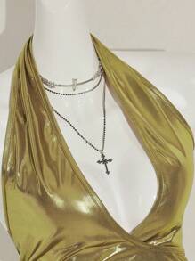 SHEIN ICON Women's Backless Plunge Neck Sleeveless Top With Gold Metallic Decor, Sexy Party Wear