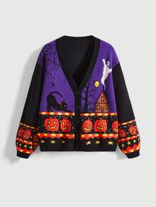 ROMWE Gothic Pumpkin Print Cardigan For Women, Autumn/Winter - Multicolor - View 1