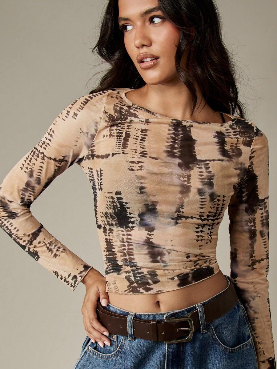 MISSGUIDED Long Sleeve Tie Dye Mesh Top Y2K Aesthetic See Through Crop Top Fall Winter Fashion Club Party Wear Sheer Layer - Multicolor - View 1