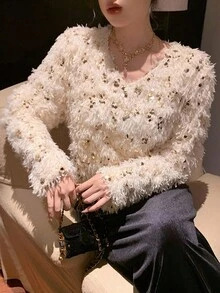 DAZY 亮片装饰宽松长袖上衣，独特设计，适合秋冬季 - 杏色 - 查看 5