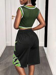 BamGleam 女士休闲时尚街头运动数字和字母条纹印花短款背心和阔腿短裤篮球套装，夏季 - 綠色 - 查看 2