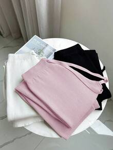 Franclia 全新女式高腰抽绳休闲直筒阔腿裤，保暖内衬厚针织长裤 - 淡紫色 - 查看 5