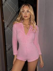 Sweetina 女士蓬松粉色3D耳朵拉链连体裤，秋冬 - 粉色 - 查看 4