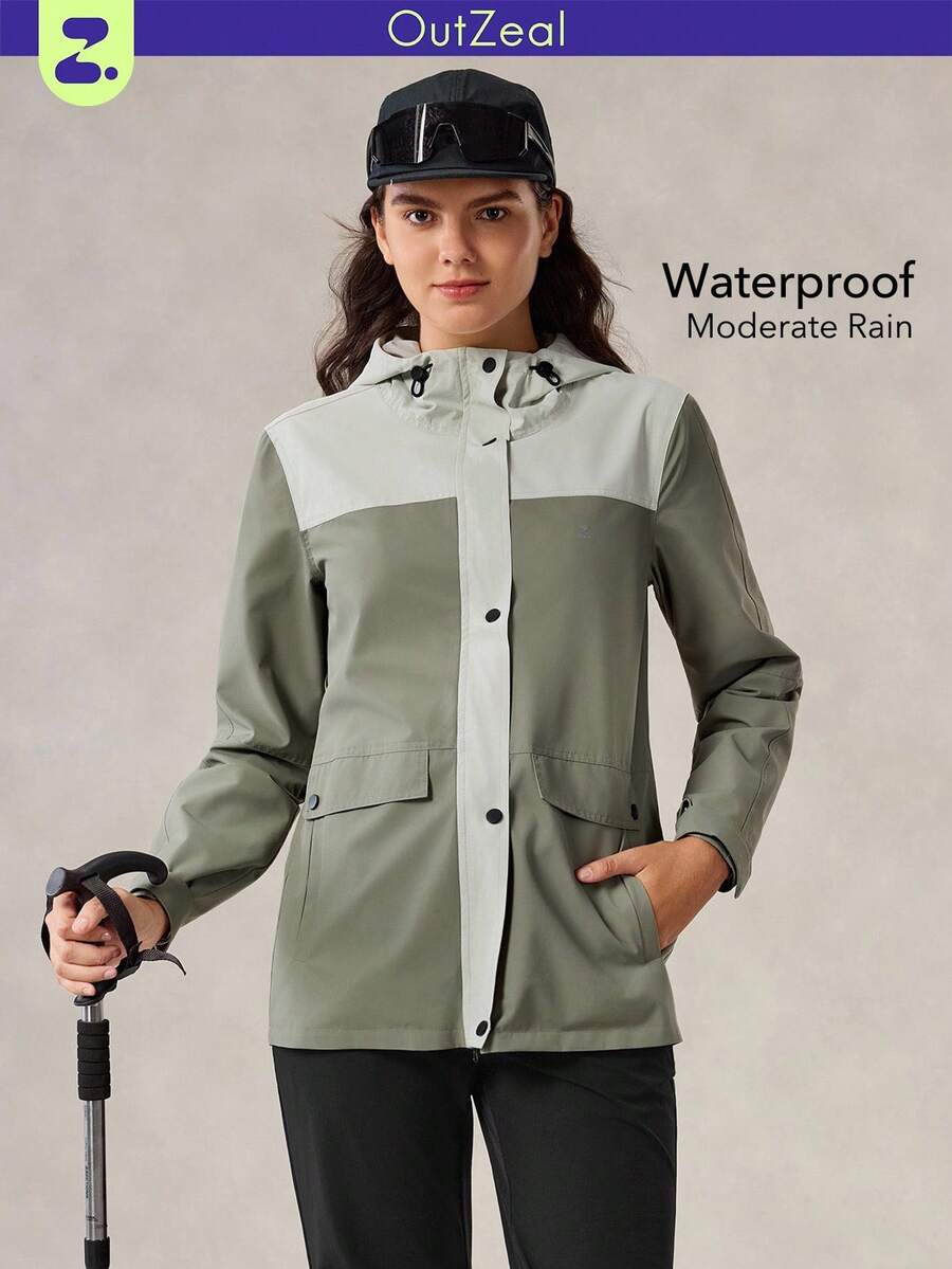 OutZeal Veste de plein air pour femmes, randonnée, camping, résistante à l'eau, coupe-vent, capuche réglable, blocs de couleurs, Top de plein air, printemps automne - Vert - Voir 1