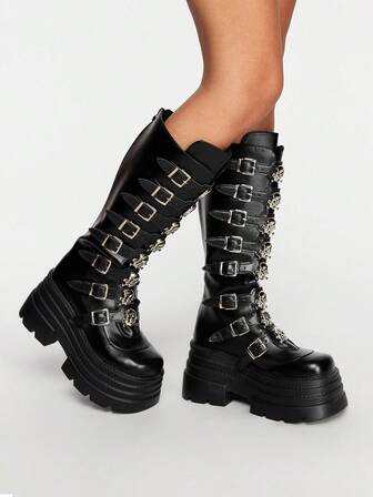 Modische dunkel-gotische Rock Punk Plateaustiefel über dem Knie