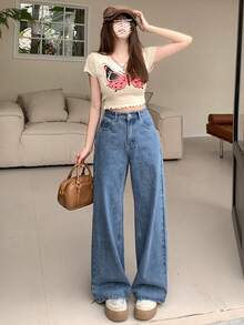 DAZY Solid Color Loose Fit Wide Leg Long Denim Pants Women Jeans - Medium Wash - View 3