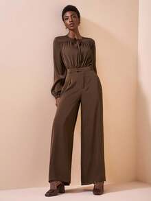 Zivah 2025 秋季新款音乐节、复活节、圣帕特里克节、西部风、游牧风、生日派对、毕业典礼、学院风、学生装、日常休闲、基本百搭、休闲、邮轮旅行、海滩、日光浴、病毒式传播、街头服饰、婚礼宾客波西米亚风、通勤、早午餐、机场、优雅圆领系带褶饰长袖上衣和裤子 2 件套 - B - 棕色 - 查看 6