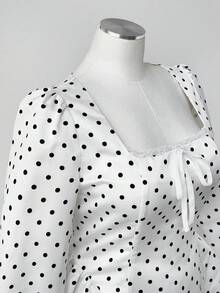 Sweetra A-Linie Taille Raffung Mini Kleid, Polka Dot Satin glänzend elegantes Herzausschnitt Langarm, Slim Fit, Lässig Chic Kurzkleid in Große Größen - Aprikosenfarben - Übersicht 4