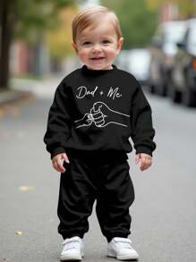 SHEIN Baby Boy Knitted Soft Classic Family Slogan, Dad+Me Fist Bump Print Crew Neck Casual Sweatshirt And Sweatpants Set, Thick For Autumn/Winter Fall - Black - View 1