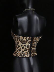 SHEIN ICON Sequin Leopard Print Lace Trim Bandeau Crop Top For Women,Leopard Print Top - Brown - View 7