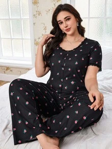 Elorette CottageSlumber Romantic Floral Lace Trim Soft & Breathable Printed Loungewear Set, Plus Size - Multicolor - View 8