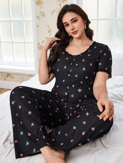 FloralLove CottageSlumber Romantic Floral Lace Trim Soft & Breathable Printed Loungewear Set, Plus Size