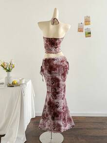 Soleia Spring/Summer Vacation Elegant New Strapless Sleeveless Printed Mesh Top & Pleated Skirt 2 Pieces Set - Multicolor - View 2