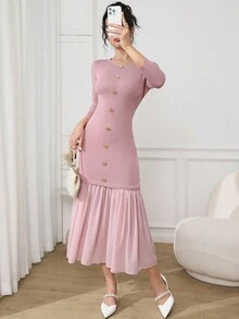 Modelyn Damen elegantes Patchwork-Meerjungfrau-Saum figurbetontes Pulloverkleid, Herbst - Korallenrosa - Übersicht 5