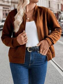 EMERY ROSE Plus Size Casual Fashion Front Zipper Solid Color Jacket Winter Fall Autumn - Camel - View 3