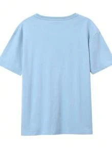 Maweii Áo thun cổ tròn nữ | Họa tiết hoạt hình chữ cái thời trang, thiết kế đơn giản, phù hợp mặc hàng ngày và đa năng, thể hiện phong cách tự nhiên và thanh lịch - Màu xanh nhạt - Xem 2