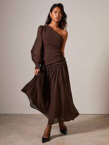 COSMINA Váy dài tay bất đối xứng viền bèo nhún màu trơn dành cho nữ, thanh lịch và thời trang - Nhiều màu - Xem 1