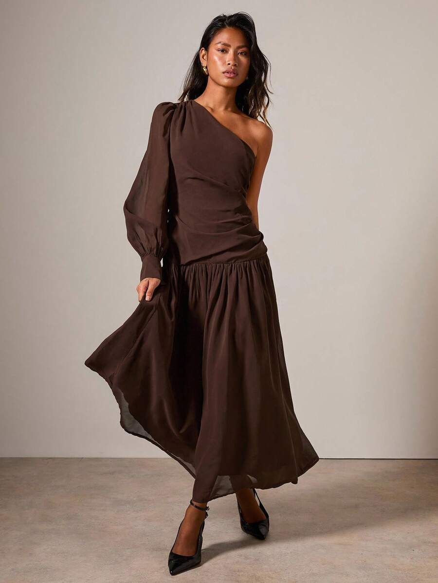 COSMINA Váy dài tay bất đối xứng viền bèo nhún màu trơn dành cho nữ, thanh lịch và thời trang - Nhiều màu - Xem 1