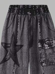 3 件套青少年女孩休闲舒适长袖短款连帽运动衫、牛仔星星印花吊带背心和牛仔印花裤套装，演唱会服装