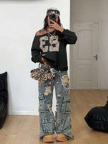 Coolane 女式秋冬休闲针织地名图案单肩运动衫 - 黑色 - 查看 4