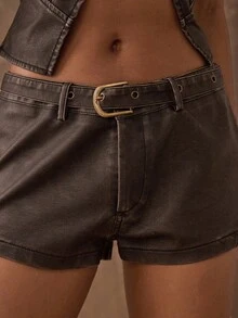 SHEIN BAE 夏季复古低腰腰带短裤 - 黑色 - 查看 9